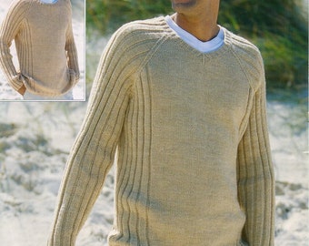 mens sweater knitting pattern pdf mens raglan sleeve jumper rib sweater v neck round neck 38-48" DK light worsted 8ply pdf instant download