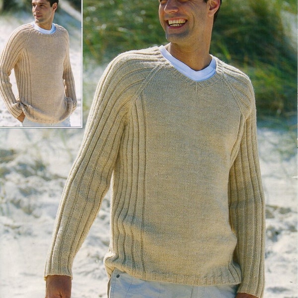mens sweater knitting pattern pdf mens raglan sleeve jumper rib sweater v neck round neck 38-48" DK light worsted 8ply pdf instant download