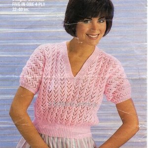 womens lacy short sleeve sweater knitting pattern pdf ladies top v neck 32-40 inch bust - 4 ply fingering pdf instant download