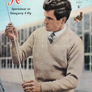 vintage 4ply mens sweater knitting pattern pdf mans classic v neck jumper 38-46 inch 4ply fingering PDF instant download