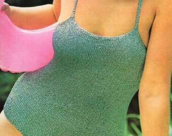 Vintage 70s Knitted Swimsuit Pattern, Metallic 3ply (PDF Download)