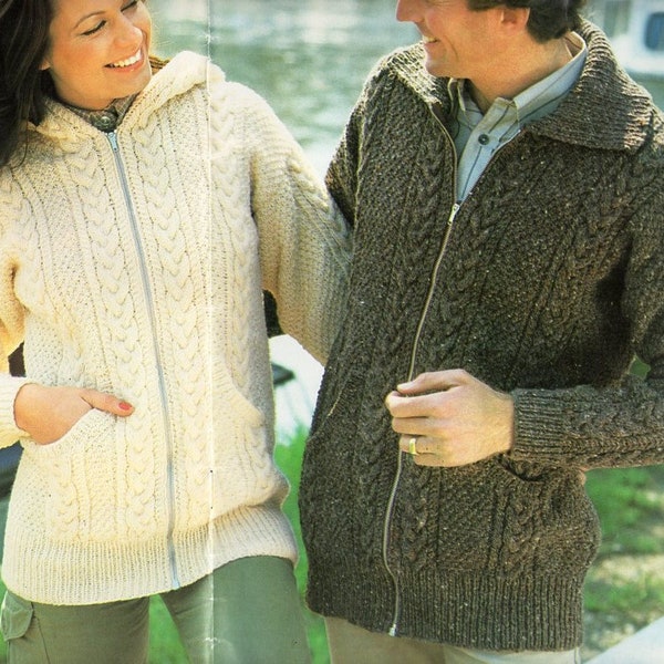 vintage aran jacket knitting pattern pdf womens mens cable cardigan with hood or collar 34-46" aran worsted 10ply pdf instant download