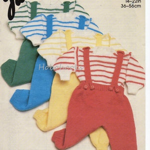 Op de afbeelding: Breipatroon voor baby-overalls en gestreepte truien in groen, blauw, geel en rood. Het patroon is voor maten 36-56 cm (14-22 inch) en is gemarkeerd met "JX 263 Nieuwe Aankomst DK".
