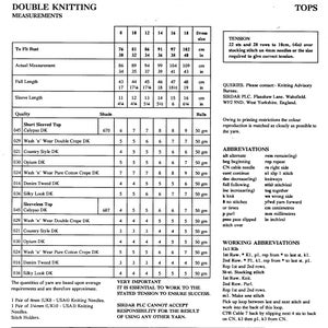 May include: Double knitting instructions for a short-sleeved and sleeveless top. The chart includes yarn weight, shade, and ball quantity for each style. The instructions include tension, abbreviations, and working abbreviations.