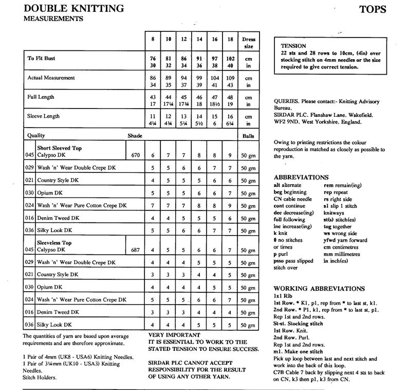 May include: Double knitting instructions for a short-sleeved and sleeveless top. The chart includes yarn weight, shade, and ball quantity for each style. The instructions include tension, abbreviations, and working abbreviations.