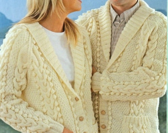 womens mens shawl collar aran jacket knitting pattern pdf ladies shawl collar cable cardigan 32-44" aran worsted 10ply pdf instant download