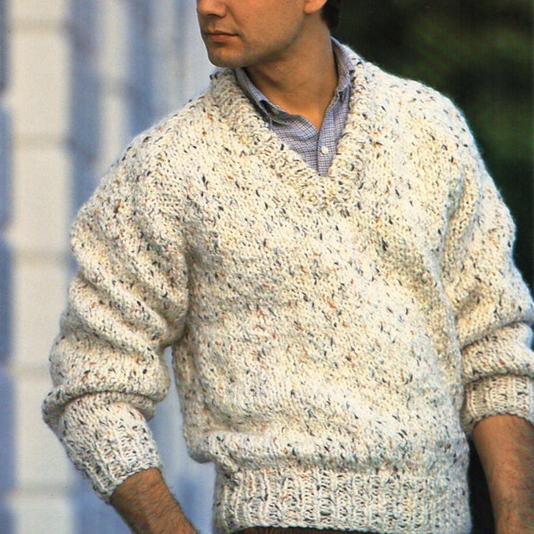 mens super chunky sweater knitting pattern pdf mans classic v neck jumper 38-46" super chunky super bulky pdf instant download