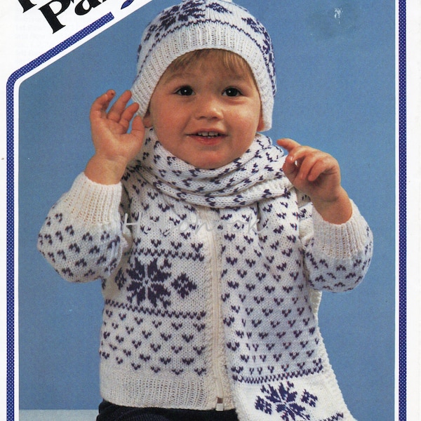 vintage baby childrens fair isle cardigan knitting pattern pdf fairisle jacket scarf hat 20-26" DK light worsted 8ply PDF instant download