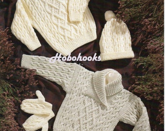 Baby / toddler / childrens aran sweaters / jumpers 2 styles, hat and mittens-16 to 30 inch chest-knitting pattern pdf instant download