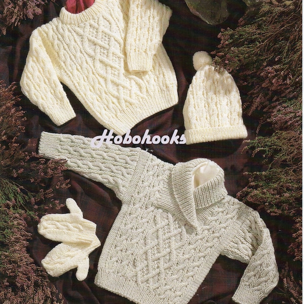 Baby / toddler / childrens aran sweaters / jumpers 2 styles, hat and mittens-16 to 30 inch chest-knitting pattern pdf instant download