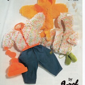 May include: A knitting pattern for a baby's outfit, including a hooded jacket, cardigan, hat, and booties. The pattern is from the Paint Pot Collection and is for sizes 16-22 inches (41-56 cm).