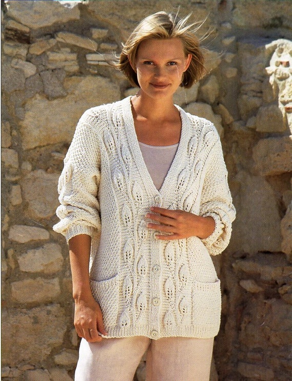 womens cardigan knitting pattern pdf ladies leaf pattern jacket pockets  30-40