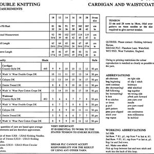 May include: A knitting pattern chart for a cardigan and waistcoat, with measurements in cm and inches. Includes tension details, abbreviations, and working instructions for knitting.