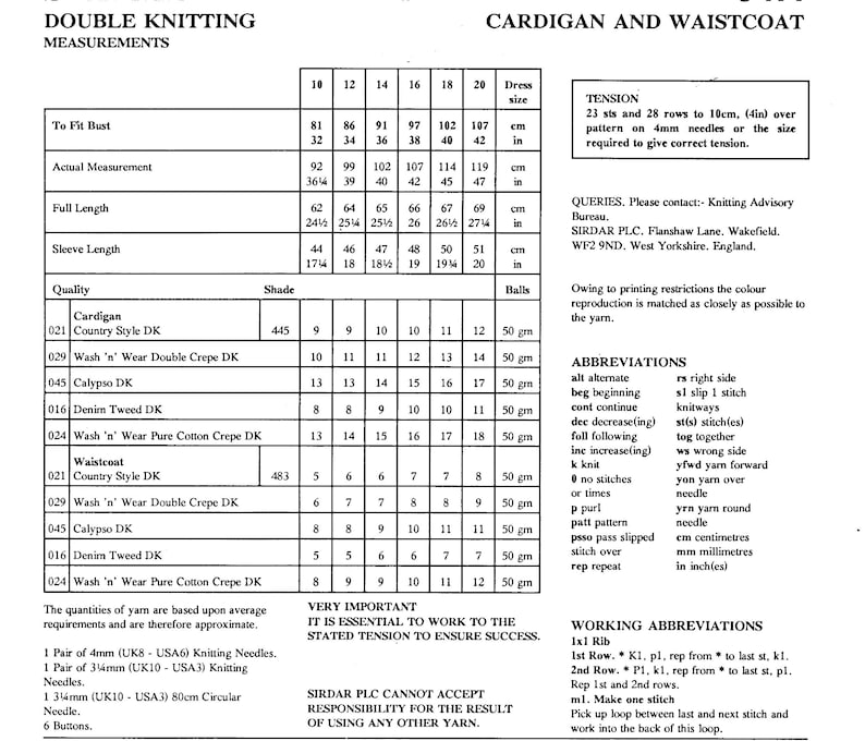 May include: A knitting pattern chart for a cardigan and waistcoat, with measurements in cm and inches. Includes tension details, abbreviations, and working instructions for knitting.