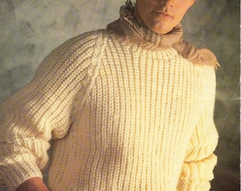 mens fishermans rib sweater knitting pattern pdf mens ribbed jumper pullover 34-46&quot; chunky bulky 12ply pdf instant download
