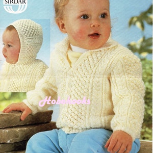 baby aran cardigan knitting pattern pdf cable jacket with collar or hood hooded cardigan 16-22&quot; DK light worsted 8ply PDF instant download