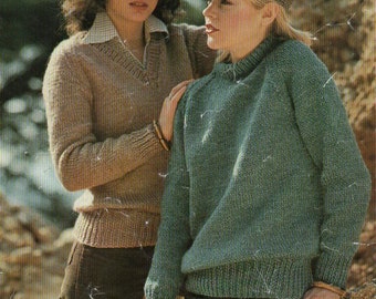 vintage womens classic sweater KNITTING PATTERN pdf ladies v neck crew neck chunky jumper 32-42 inch Chunky Bulky 12ply yarn pdf download