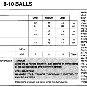 May include: A knitting pattern for a sweater in sizes small, medium, and large. The pattern requires 8-10 balls of yarn and calls for superwash DK yarn. The pattern includes measurements for the bust, full length, and sleeve length in inches and centimetres. The pattern also includes instructions for tension, abbreviations, and special abbreviations.