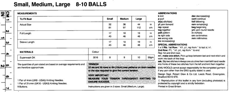 May include: A knitting pattern for a sweater in sizes small, medium, and large. The pattern requires 8-10 balls of yarn and calls for superwash DK yarn. The pattern includes measurements for the bust, full length, and sleeve length in inches and centimetres. The pattern also includes instructions for tension, abbreviations, and special abbreviations.