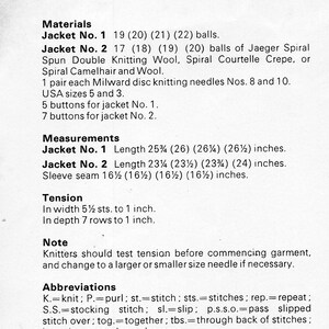 May include: Knitting pattern instructions for a jacket with measurements in inches for sizes 34 to 40 inch bust. The pattern includes materials needed, such as Jaeger Spiral Spun Double Knitting Wool, Spiral Courtelle Crepe, or Spiral Camelhair and Wool, and knitting needles.