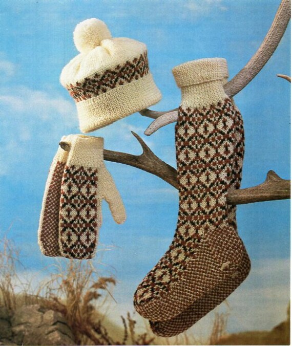 Vintage Fair Isle Hat Mitts Socks Knitting Pattern Pdf Adult