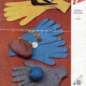 May include: A knitting pattern for gloves, titled "Emu Double Knitting 4 Ply". The pattern shows three pairs of gloves in different colors: yellow, blue, and gray. The pattern also includes a picture of an emu.