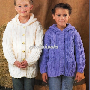 baby childrens aran hooded jacket knitting pattern pdf cable cardigan with hood cable jacket 22-32&quot; aran worsted 10ply pdf instant download