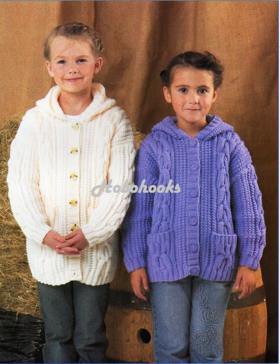 Baby Childrens Aran Hooded Jacket Knitting Pattern Pdf Cable