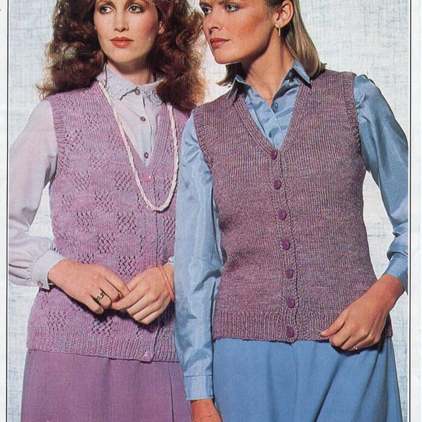 vintage womens waistcoat KNITTING PATTERN pdf ladies v neck vest patterned or plain 32-40 inch DK light worsted 8ply pdf instant download