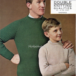Vintage Mens Ribbed Sweater knitting pattern pdf Mens rib Jumper crew neck 26-42&quot; DK light worsted 8ply Instant Download
