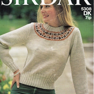 vintage womens fair isle sweater knitting pattern pdf ladies fair isle yoke jumper 34-38&quot; DK light worsted 8ply PDF instant download
