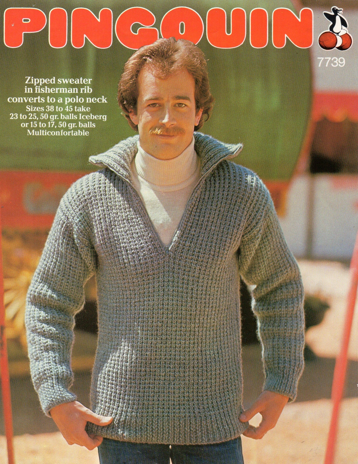 vintage mens zip neck sweater knitting pattern pdf mens rib sweater 38-45  inch chunky bulky 12ply pdf instant download