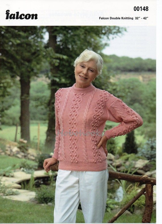 vintage ladies cable sweater knitting pattern pdf ladies bobble stitch jumper crew neck 32-42 DK light worsted 8ply pdf Instant download
