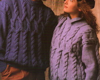 womens mens cable sweater knitting pattern pdf ladies cable crew neck jumper 30-44" aran worsted 10ply pdf instant download