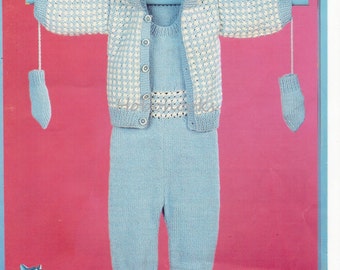 Vintage baby knitting pattern pdf  baby all in one hooded jacket mitts bootees dungarees cardigan 16-22 inch DK  pdf instant download