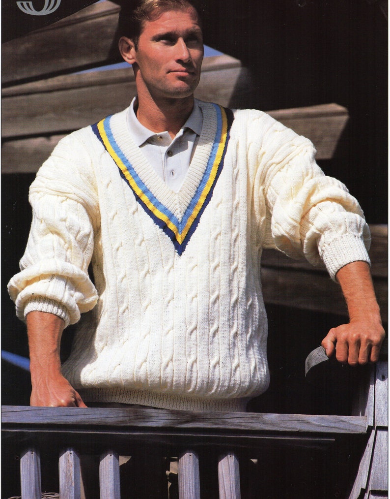 Mens Cricket Sweater Knitting Pattern Pdf Mens Cable V Neck Etsy UK