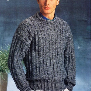 mens sweater knitting pattern pdf mans chunky rib jumper crew neck 34-44&quot; chunky bulky 12ply pdf instant download