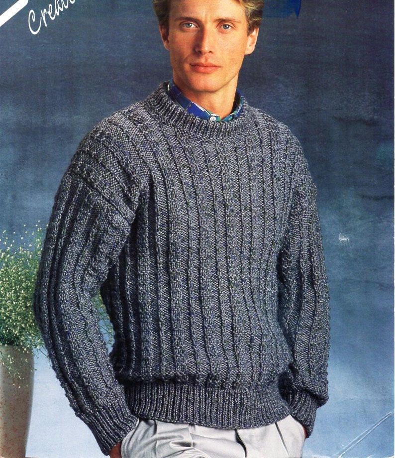 Mens sweater knitting pattern pdf mans chunky rib jumper crew | Etsy