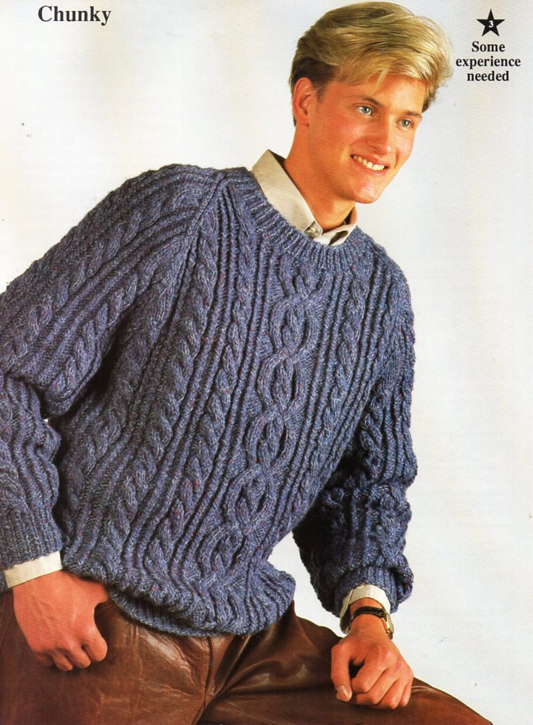 Mens Aran Sweater Knitting Pattern PDF Chunky Mans Cable Jumper Crew
