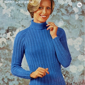 vintage womens rib sweater knitting pattern pdf ladies polo neck ribbed jumper 32-40" 4ply fingering pdf instant download