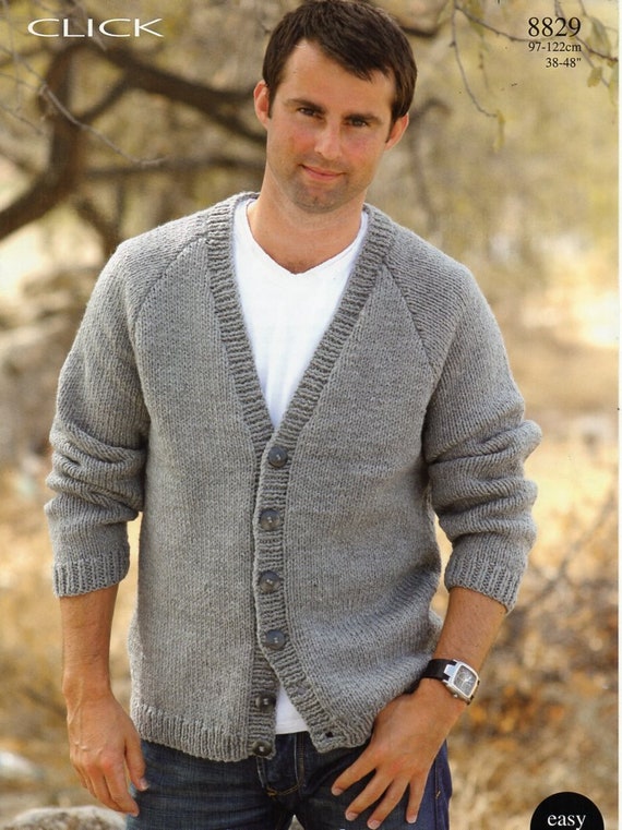 mens easy knit cardigan knitting pattern pdf mens chunky jacket raglan sleeve 38-48