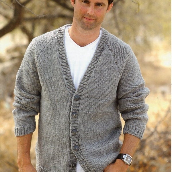 mens easy knit cardigan knitting pattern pdf mens chunky jacket raglan sleeve 38-48" chunky bulky 12ply pdf instant download