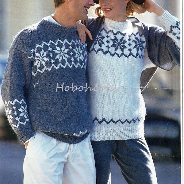 vintage womens mens fair isle sweater knitting pattern pdf ladies snowflake fair isle jumper 32-46" chunky bulky 12ply pdf instant download