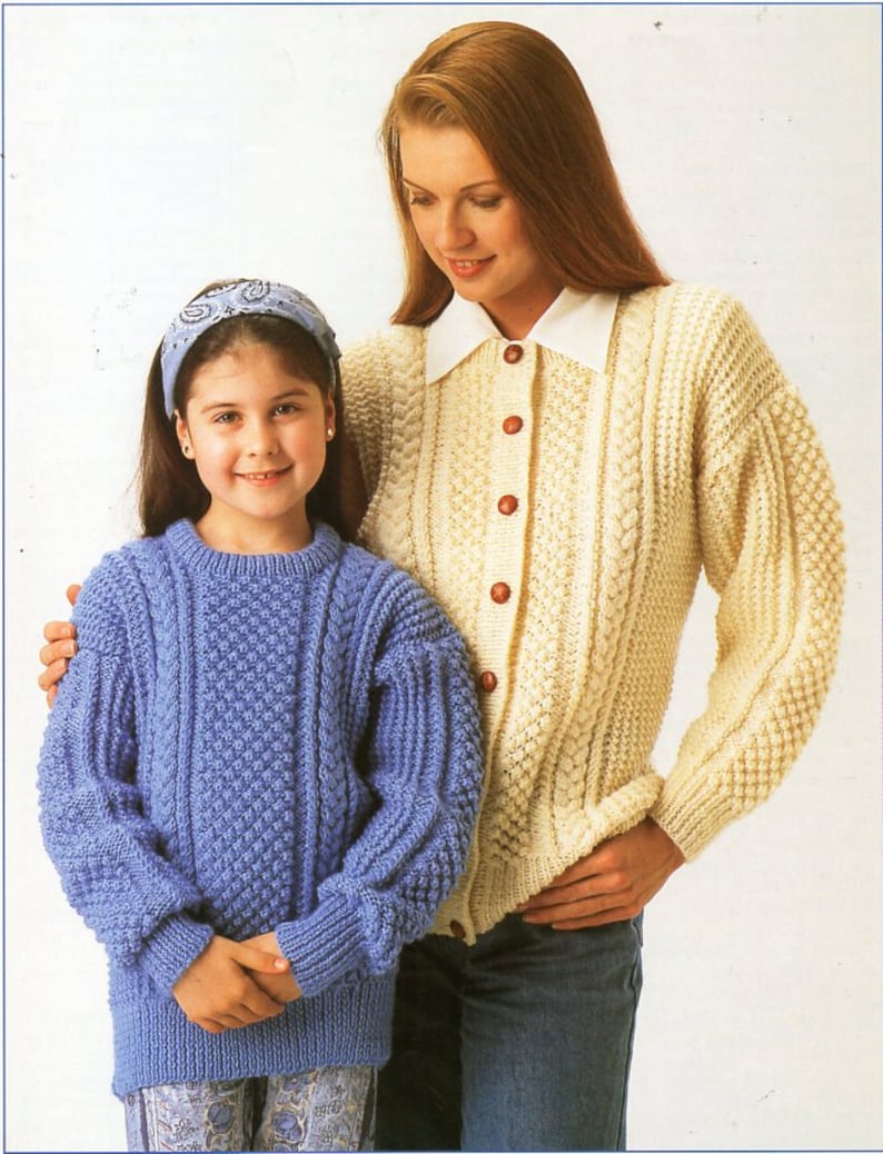 Womens childrens aran sweater cardigan knitting pattern pdf | Etsy