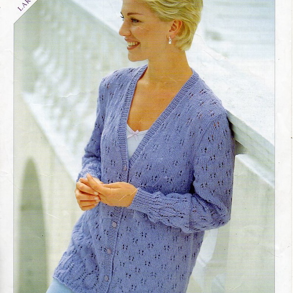 womens lacy cardigan knitting pattern pdf ladies long v neck jacket larger sizes 32-54 inch DK  Lt. Worsted 8ply yarn pdf instant download