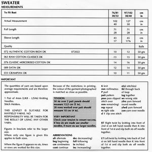 Puede incluir: Un documento en blanco y negro con una tabla de medidas para un su&eacute;ter en pulgadas y cent&iacute;metros. La tabla incluye medidas para el busto, la longitud, la longitud de la manga y el peso del hilo. El documento tambi&eacute;n incluye una lista de abreviaturas e instrucciones para tejer.