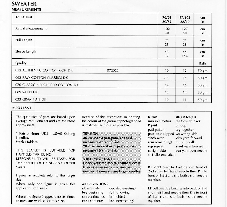 Puede incluir: Un documento en blanco y negro con una tabla de medidas para un su&eacute;ter en pulgadas y cent&iacute;metros. La tabla incluye medidas para el busto, la longitud, la longitud de la manga y el peso del hilo. El documento tambi&eacute;n incluye una lista de abreviaturas e instrucciones para tejer.