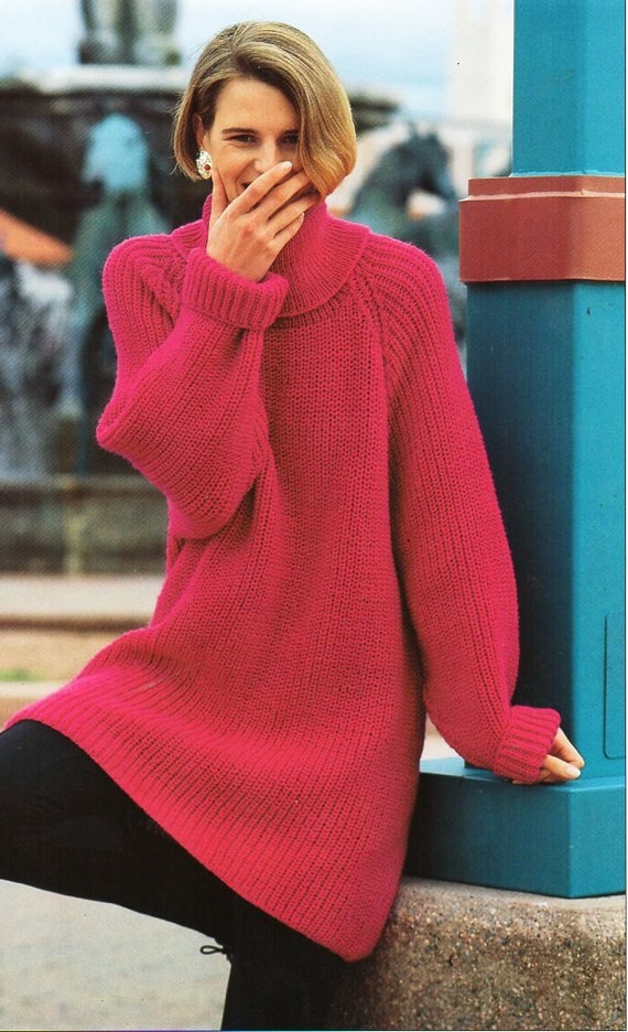 womens fishermans rib sweater knitting pattern pdf ladies ribbed long  jumper tunic polo neck 28-42 DK light worsted 8ply instant download