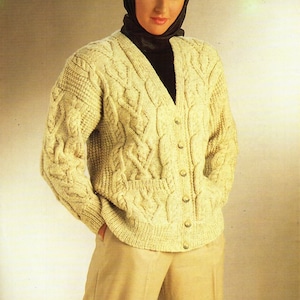 womens aran cardigan knitting pattern pdf ladies cable jacket v neck 32-42&quot; aran worsted 10ply pdf instant download