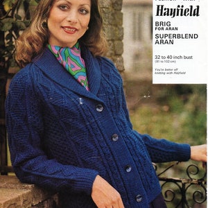 vintage womens aran jacket knitting pattern pdf lades shawl collar cable cardigan 32-40&quot; aran worsted 10ply pdf instant download